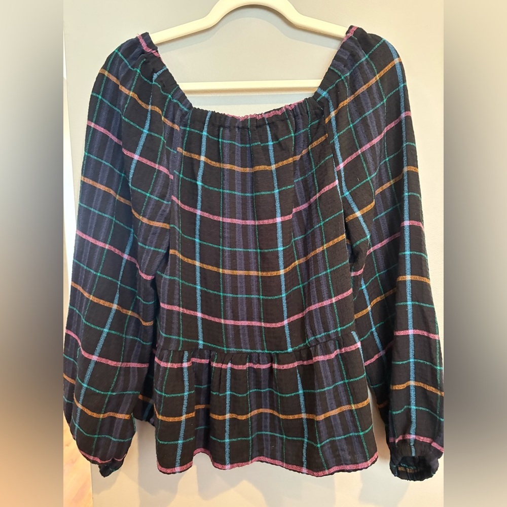 LOFT Multicolor Plaid Off-Shoulder Blouse - Picture 4 of 7